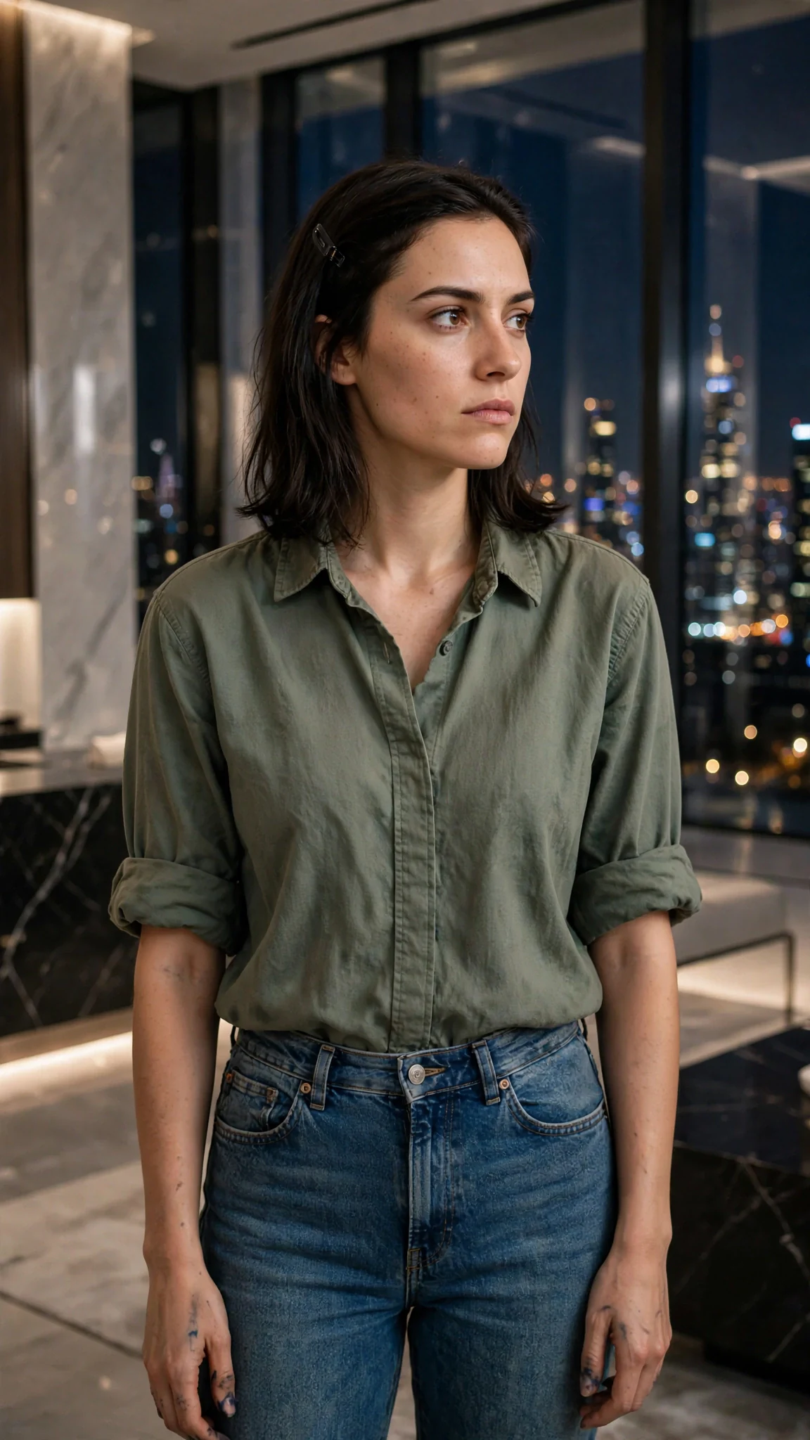 Darcy stands still in the penthouse, her expression unreadable, watching Lachlan.