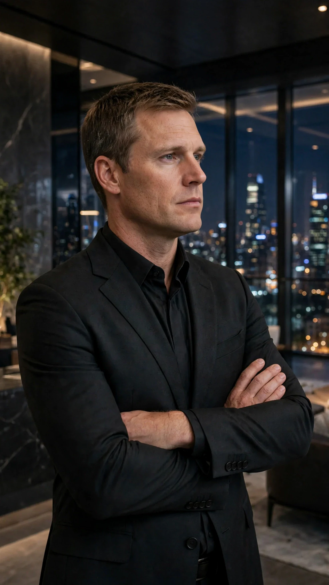 Lachlan stands with his arms crossed, laying down the rules with a serious expression.