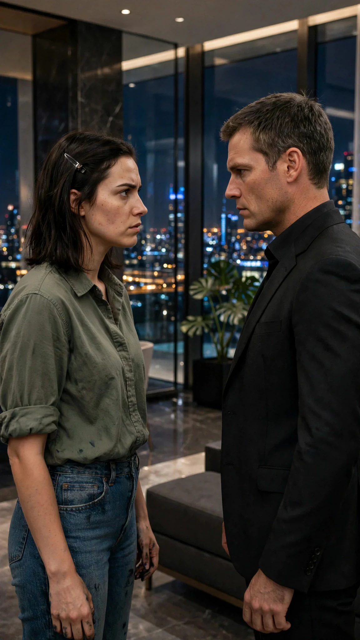 Darcy and Lachlan face each other in the penthouse, tension crackling between them.
