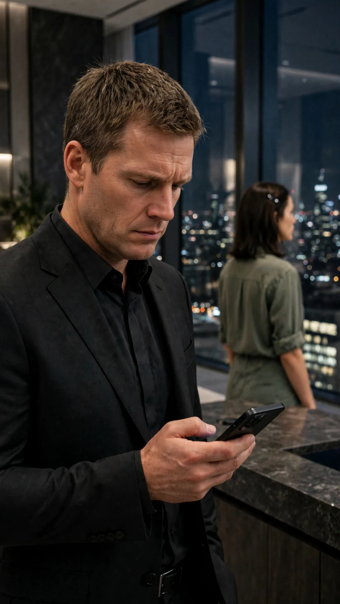 Lachlan looks at his phone with a dark expression, Darcy visible in the background.