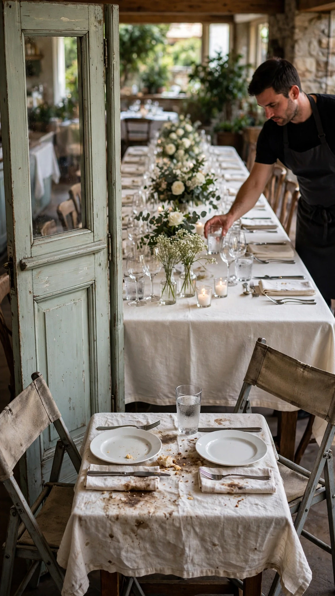 A small bare table sits by the kitchen door, apart from the long family table.