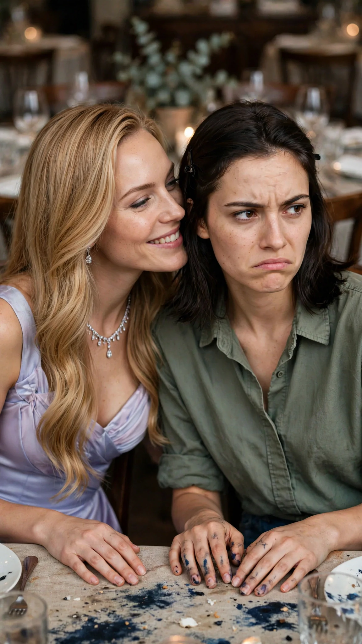 Seraphine leans close to Darcy by the staff table, murmuring with a sweet smile.