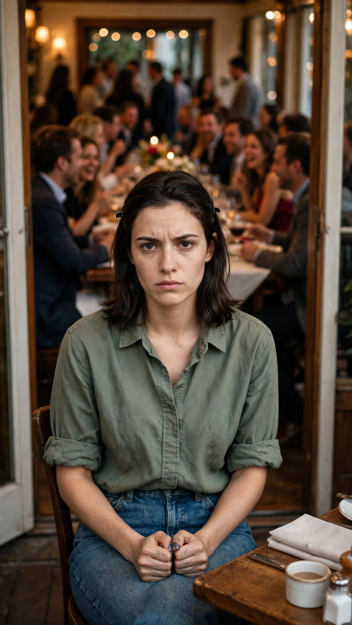 Darcy sits alone at the small table, eyes fixed forward, hands clenched in her lap.