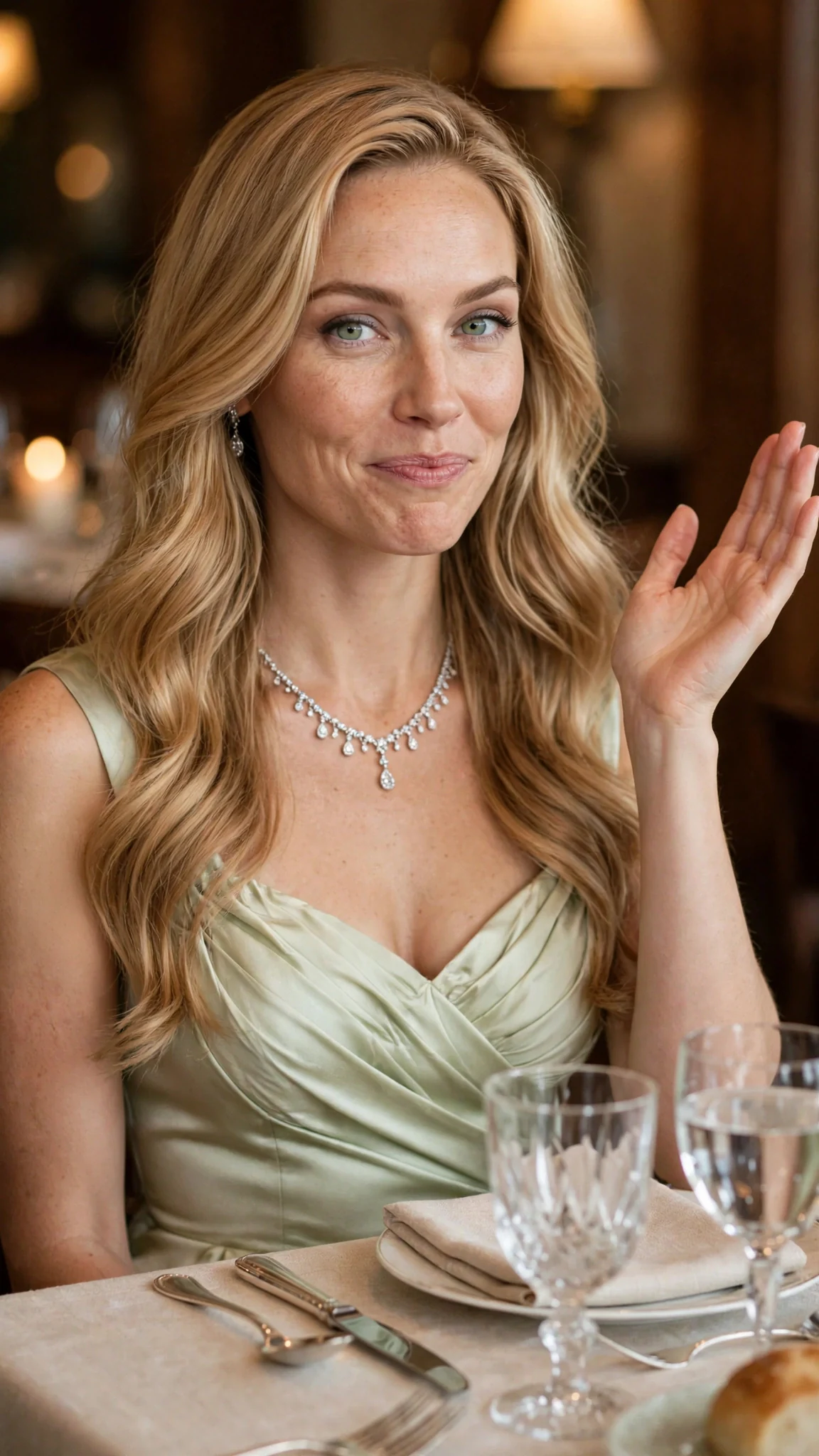 Seraphine lifts one hand in a mock-gentle gesture, eyes sparkling with malice.