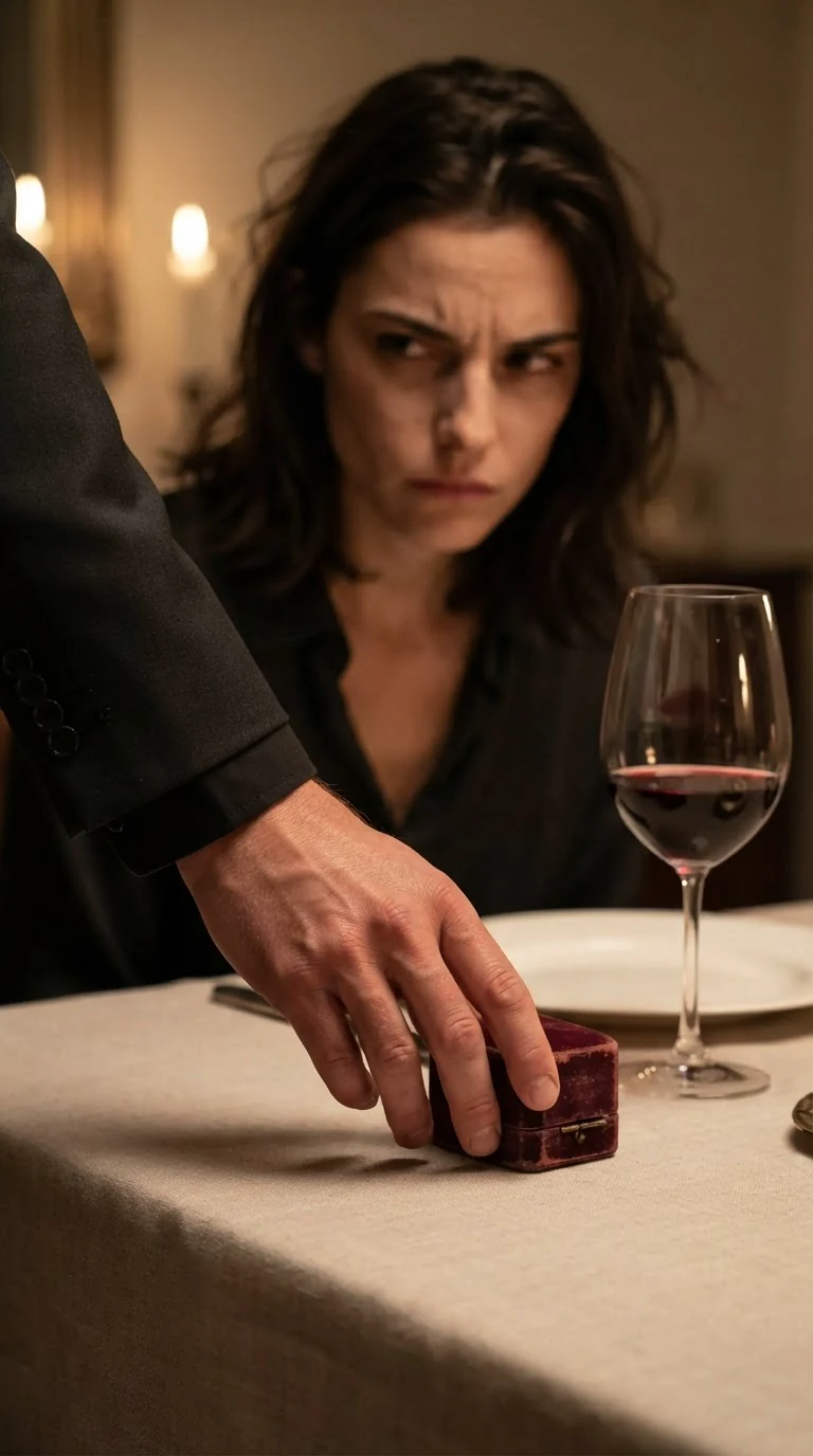 A small velvet box sits on the linen beside Darcy's plate.