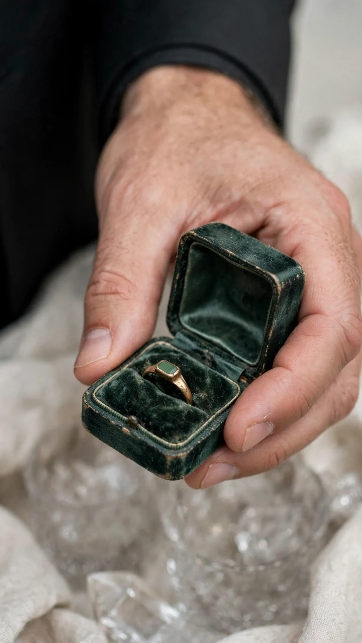 An old gold ring with a flat green stone inside a worn box.