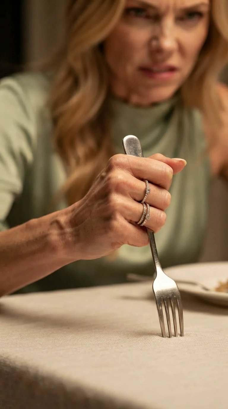Seraphine's stiff hand grips a fork on the tablecloth.