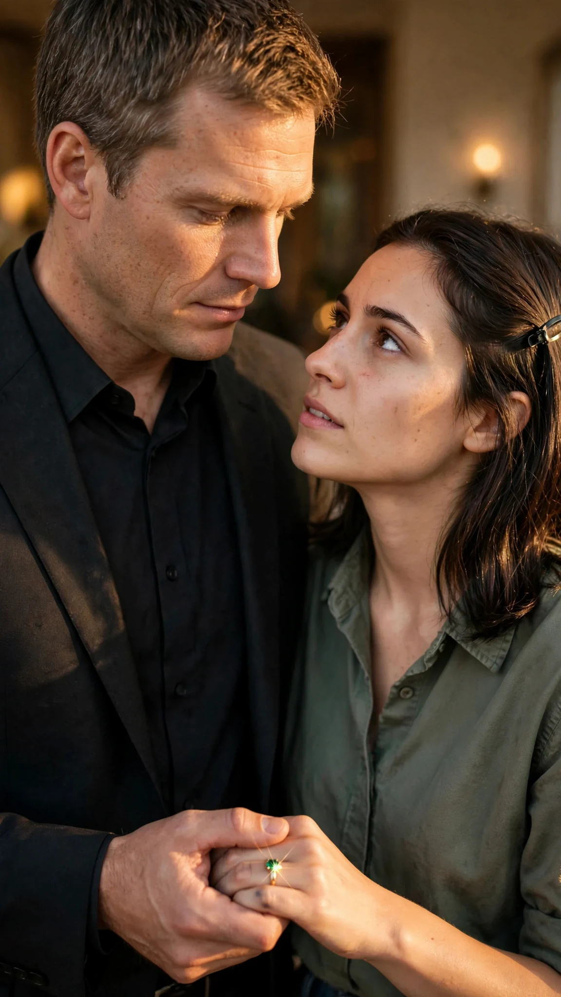 Lachlan's thumb rests on Darcy's knuckle, their faces close.