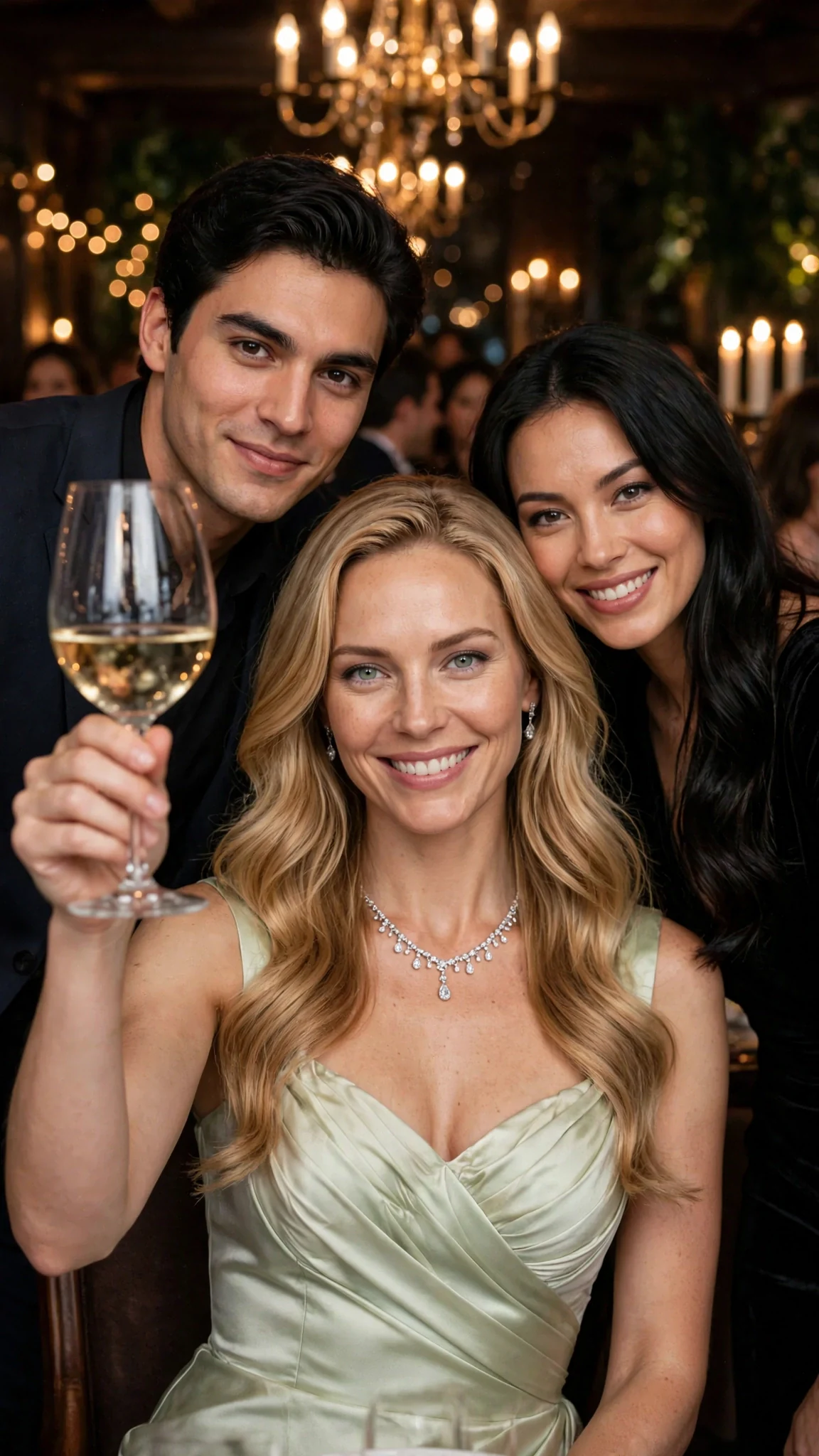 Seraphine raises her wine glass toward Darcy with a cold smile.