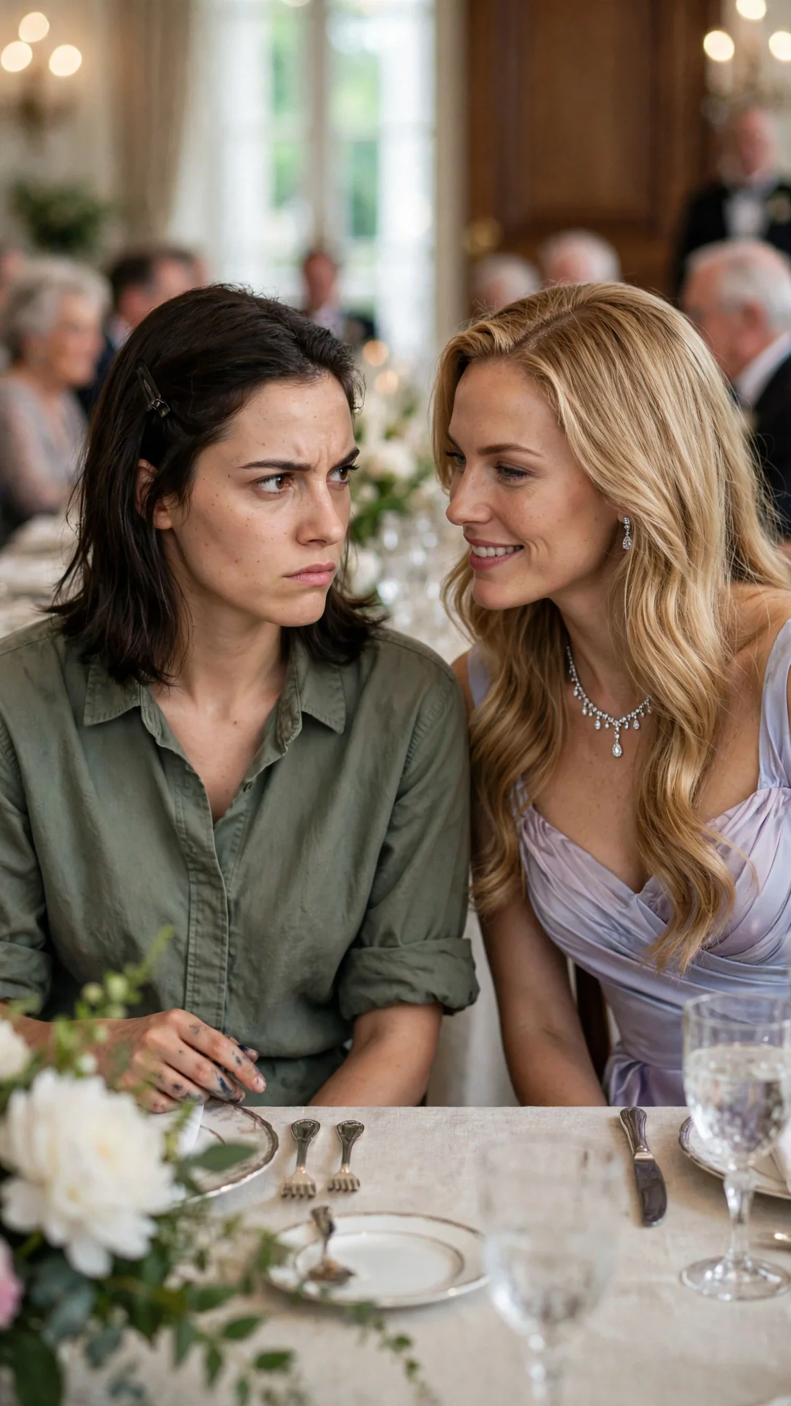 Darcy sits at a long polished table, her face hot, as Seraphine leans in from the side with a sweet, poisonous smile.