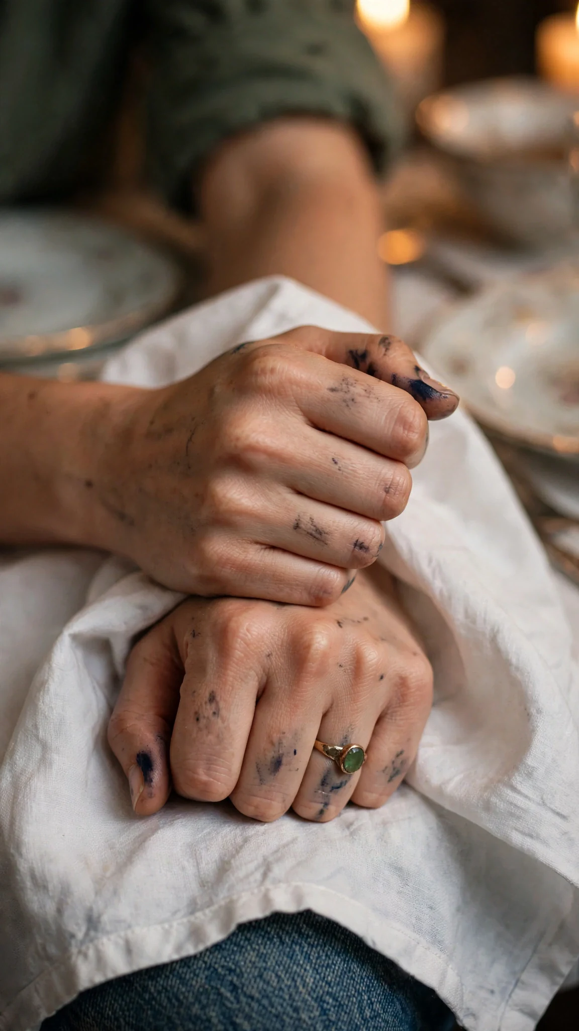 Close on Darcy's hand in her lap, the old green-stone ring catching the light, her fingers curling tight.