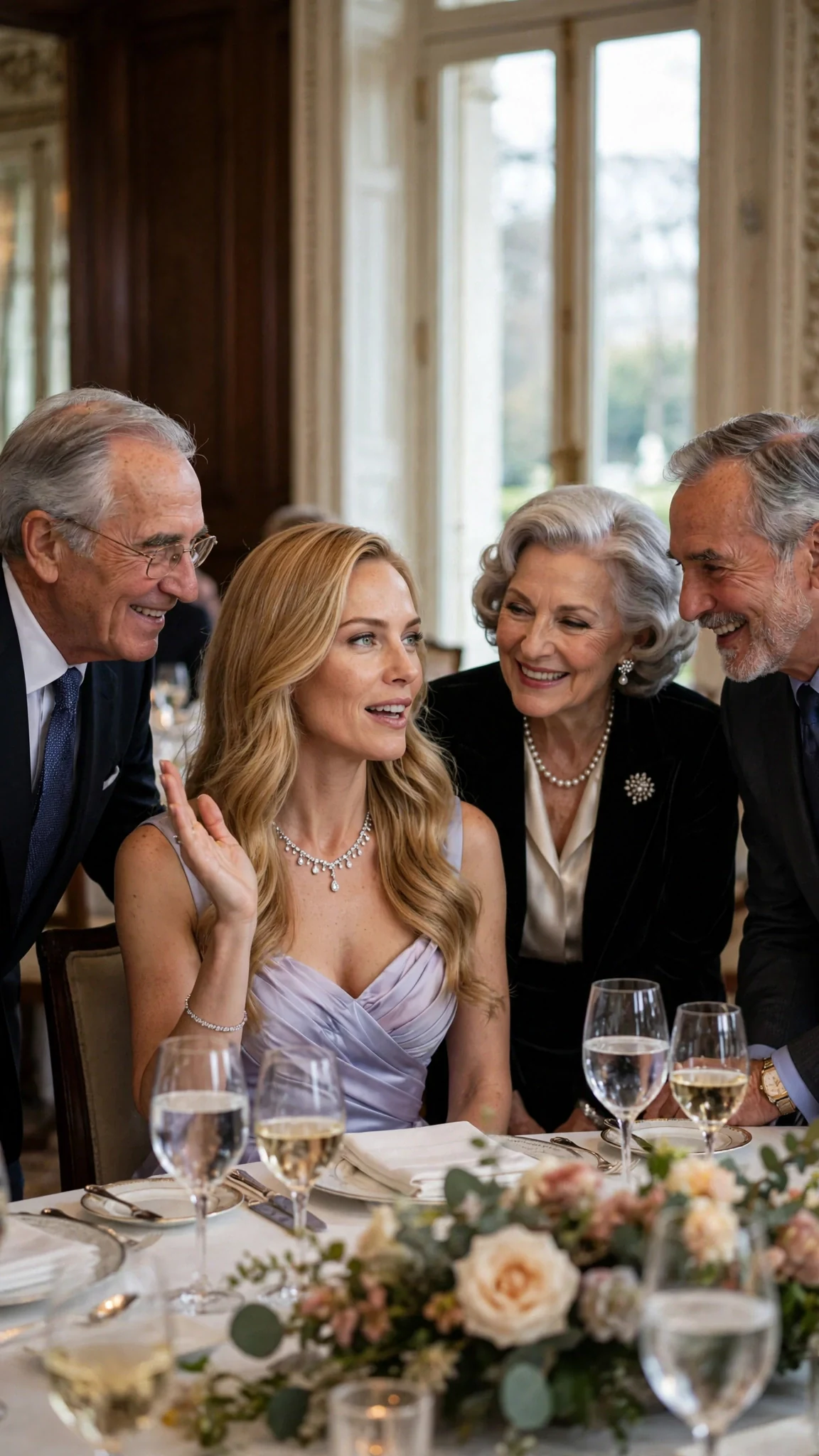 Seraphine holds court at the table, one hand lifted, every guest turned toward her and smiling.