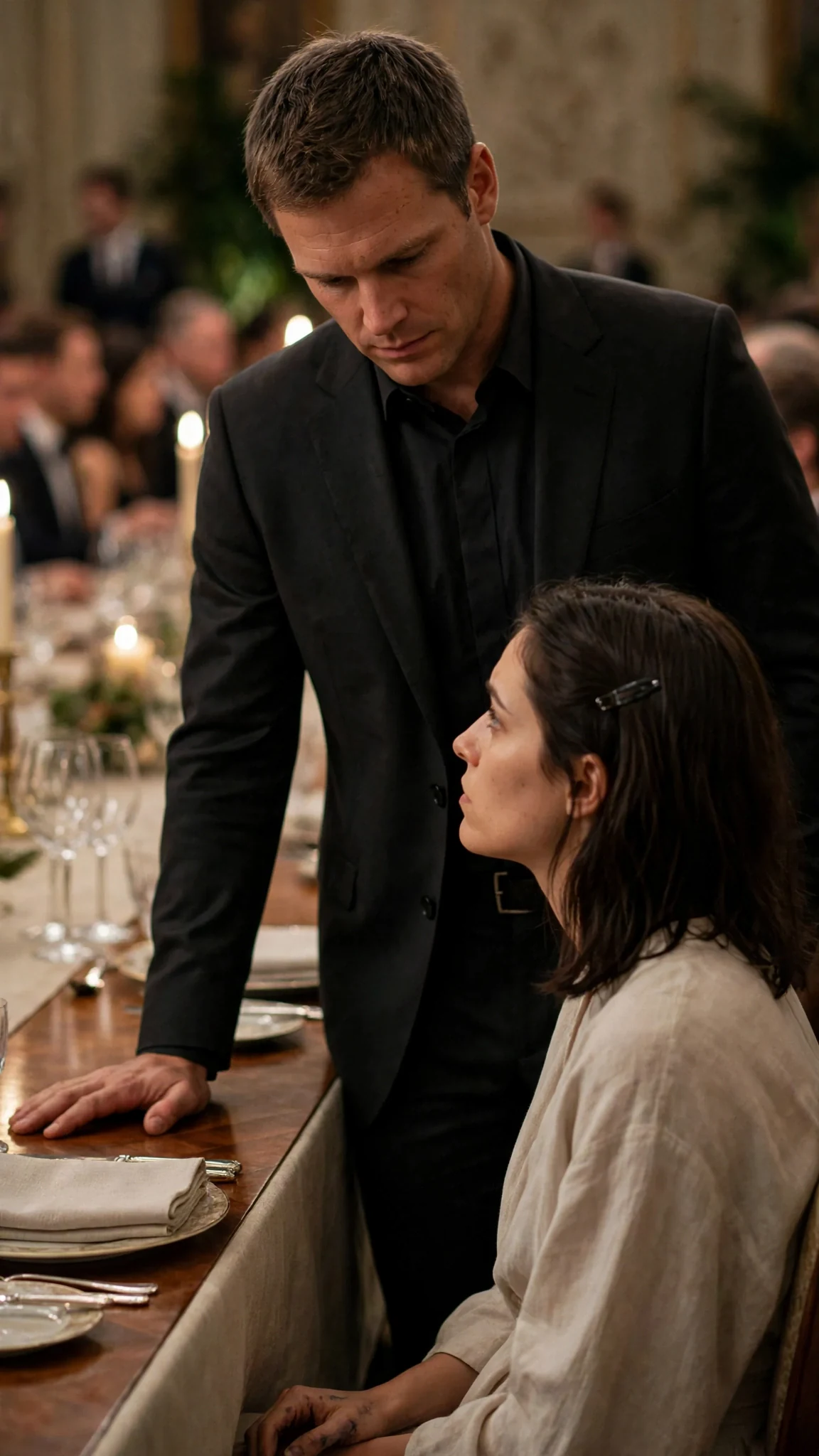 Lachlan stands at the head of the table, one hand flat on the wood, looking down at Darcy.
