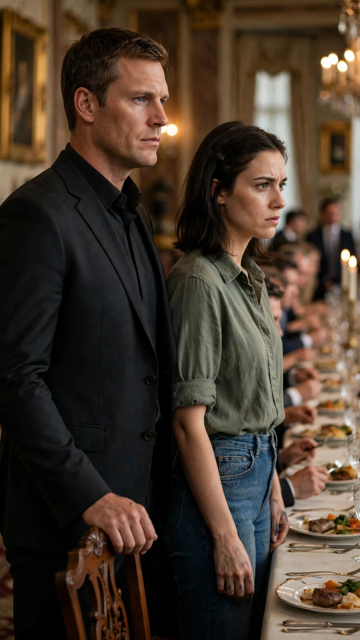 Lachlan speaks, his hand on the back of Darcy's chair, the whole table hanging on his words.