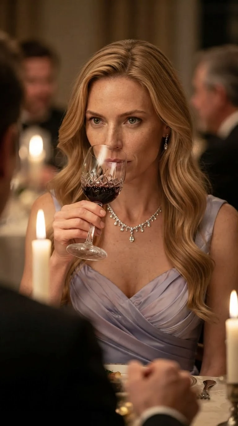 Seraphine's wine glass pauses at her lips, her eyes sharp and calculating over the rim.