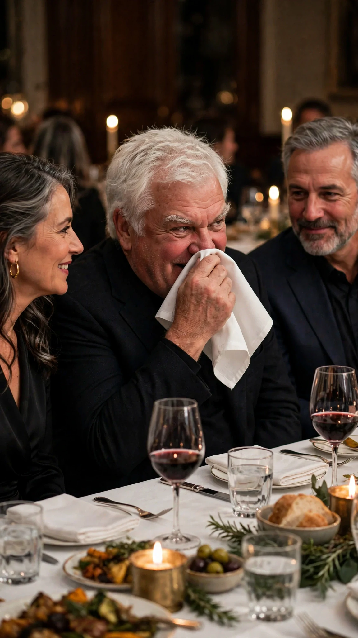 A rich older man at the table snorts into his napkin, openly amused.