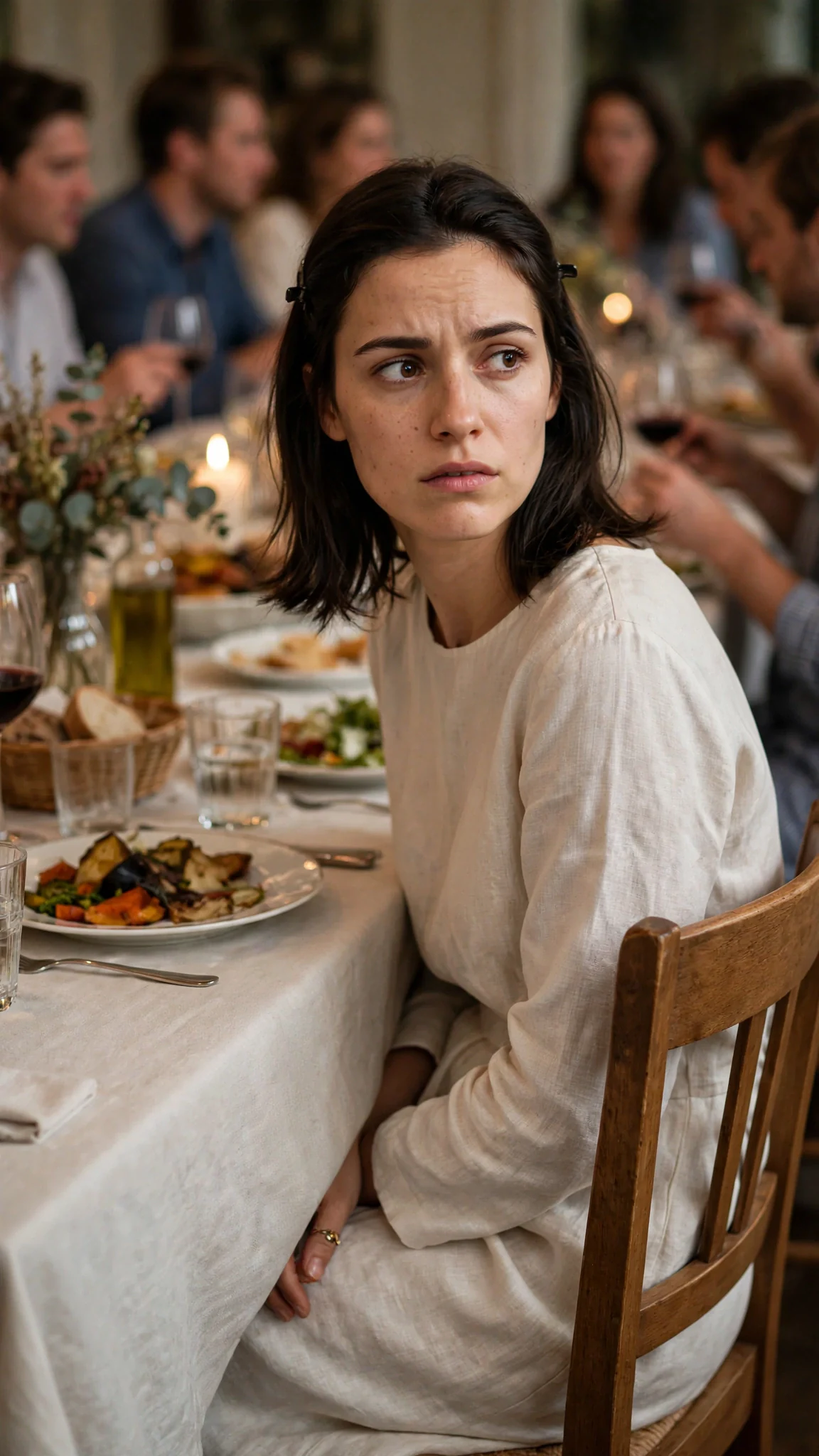 Darcy touches the green-stone ring under the table, her face unreadable as the room shifts around her.