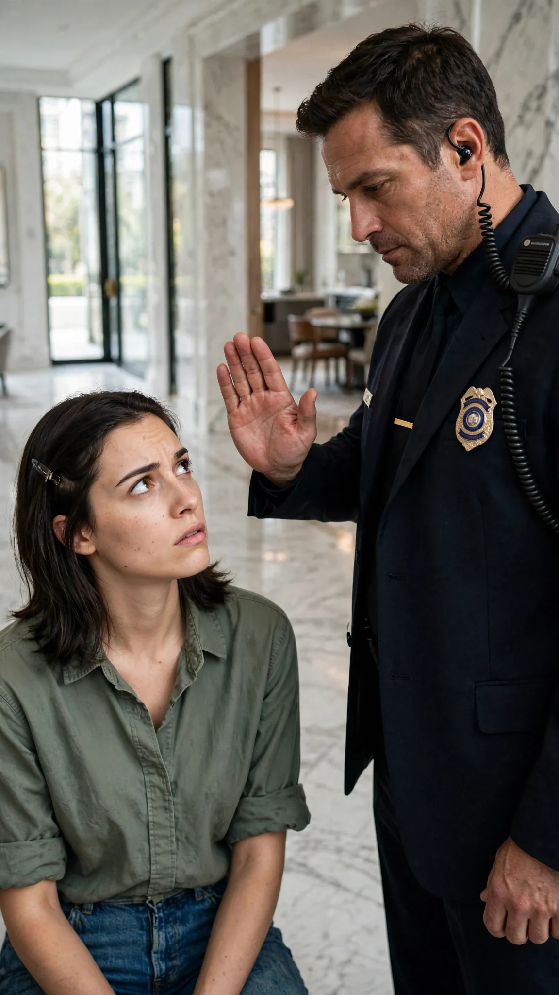 A broad security guard in a dark coat steps into Darcy's path in a bright marble hallway.