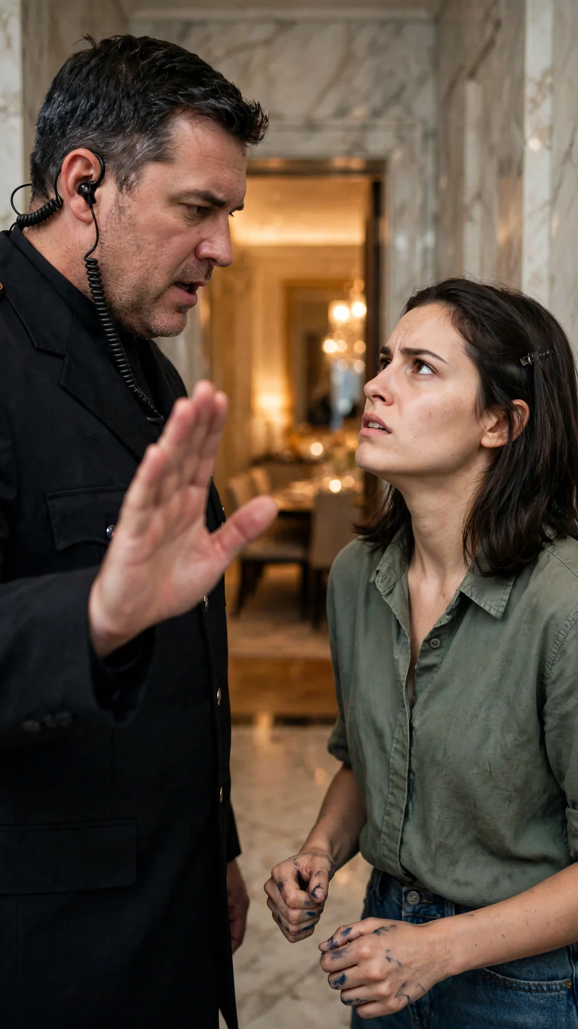 The security guard speaks, blocking the corridor, and Darcy's face tightens with anger.