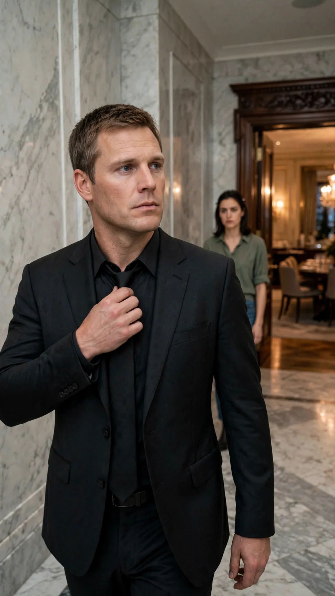 Lachlan appears at the end of the hallway, loosening his tie, his eyes finding Darcy at once.