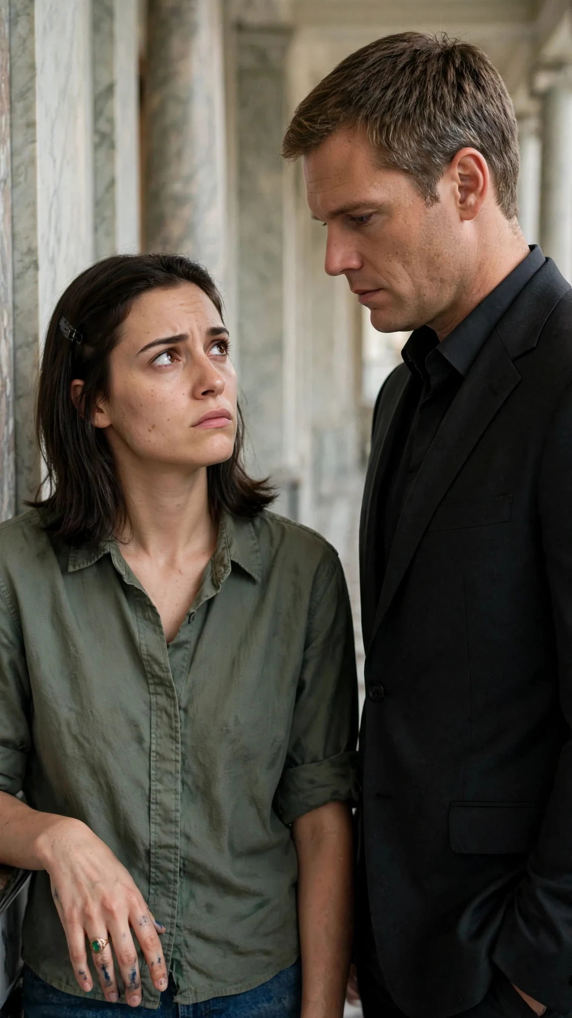 Darcy looks up at Lachlan, her anger crumbling into something tired and wary, the ring heavy on her hand.