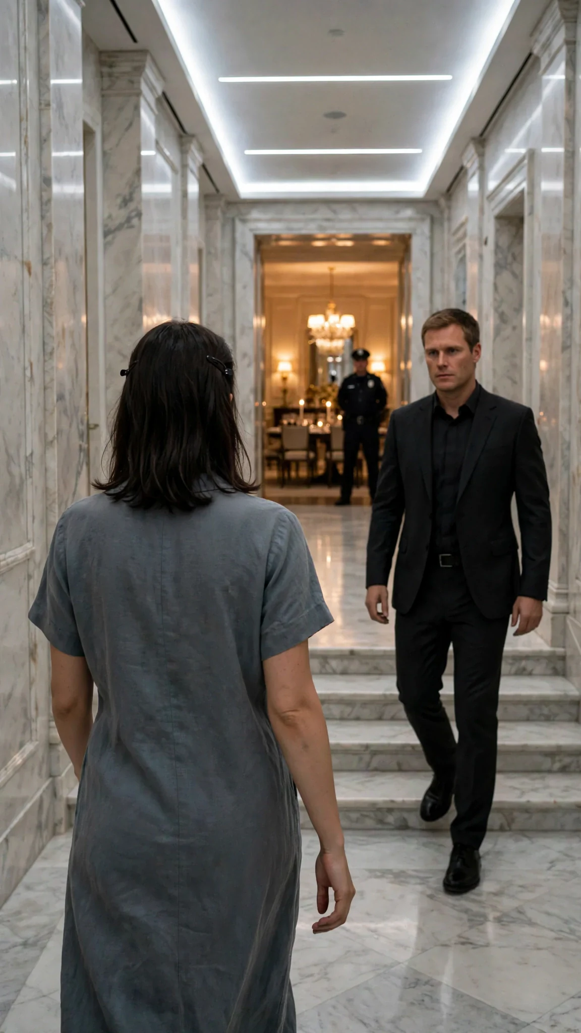 Darcy walks back toward the dining room, Lachlan behind her, both of them alone in the long marble hall.