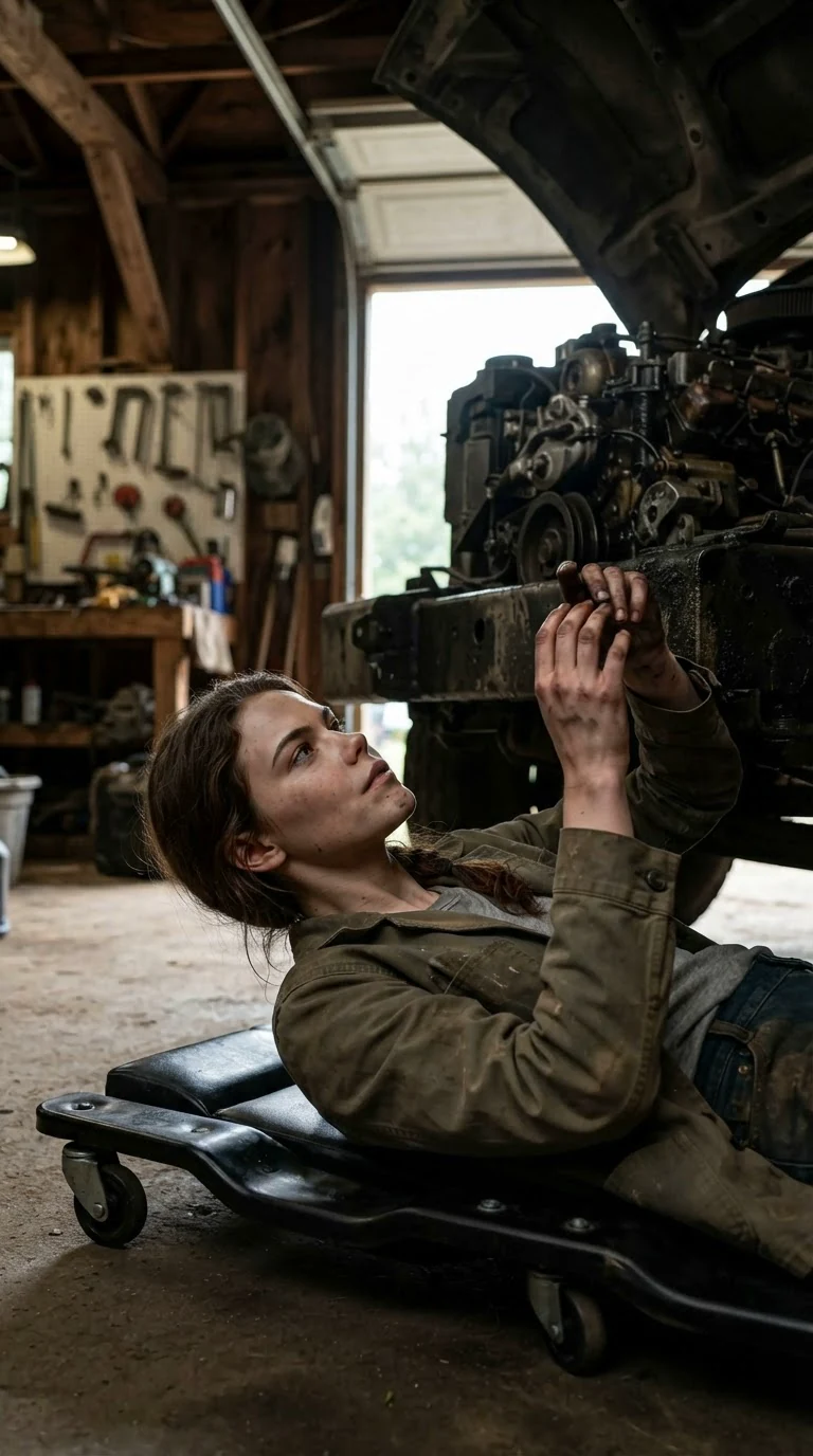 A young woman in a canvas jacket lies under a raised truck hood in a wooden garage at sunrise.