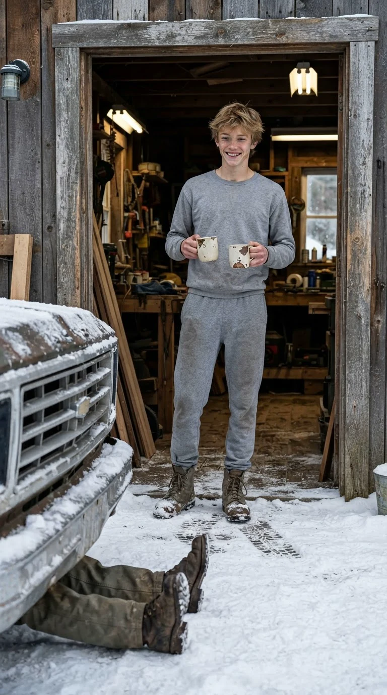 A lanky young man with sandy hair and freckles stands in the garage doorway holding two mugs.