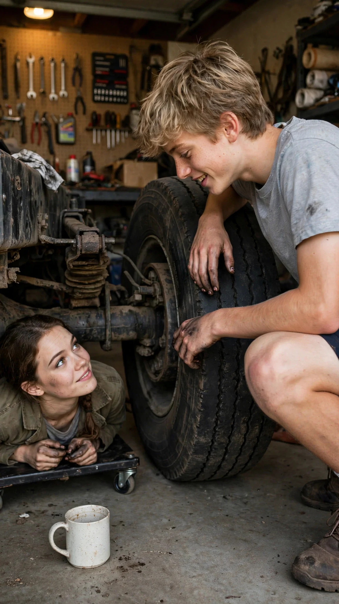 The young man crouches near the truck tire, talking to someone underneath.