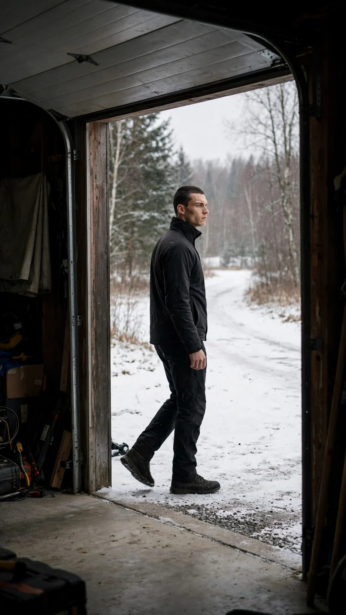 A tall broad-shouldered young man in dark formal clothes walks past the garage door.