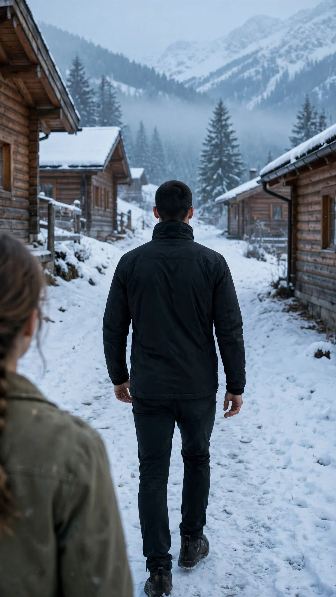 A broad-shouldered man nods briefly and keeps walking away down the snowy path.