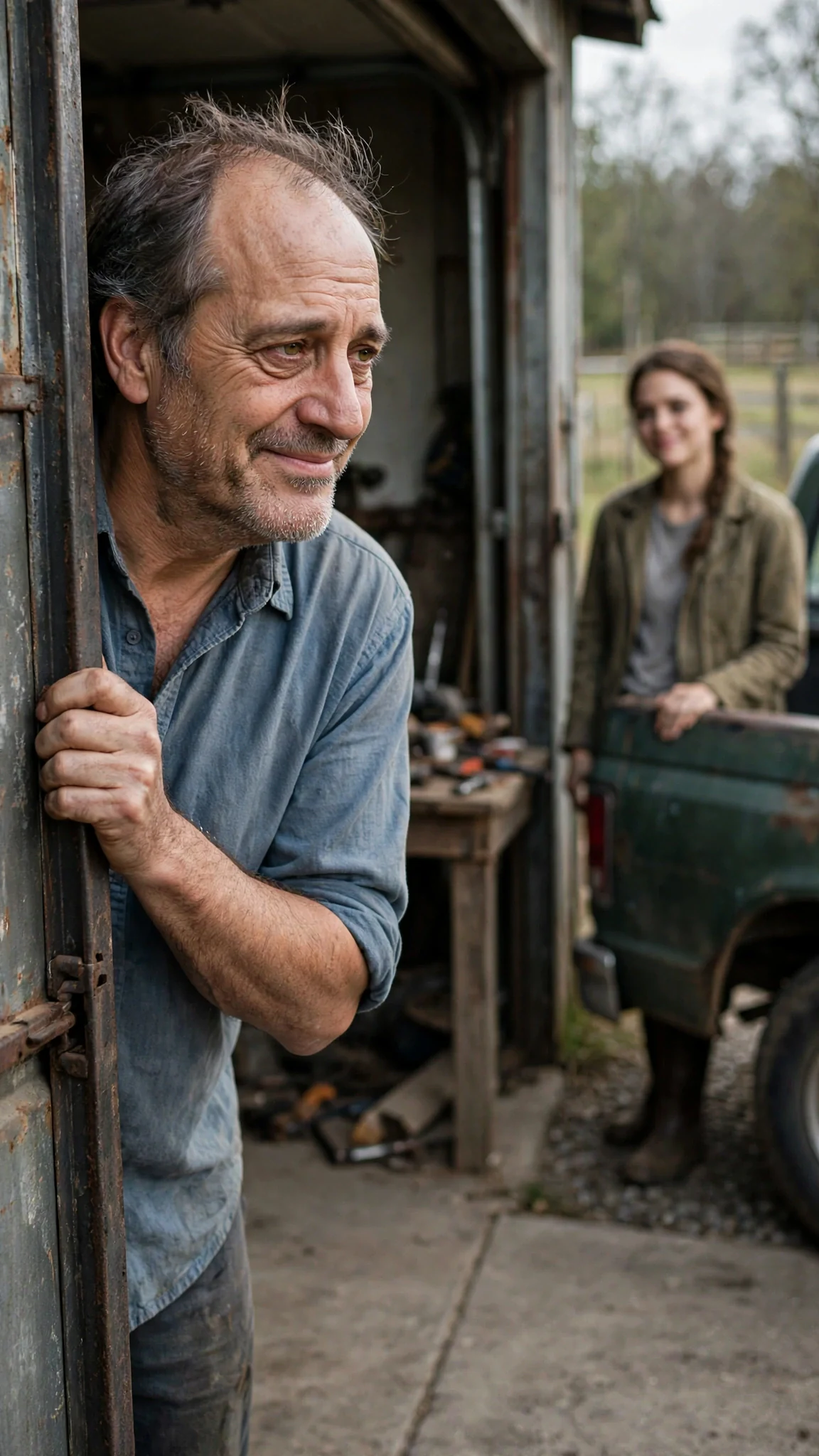 A solid gray-haired man in a work shirt leans into the garage, hand on the frame.