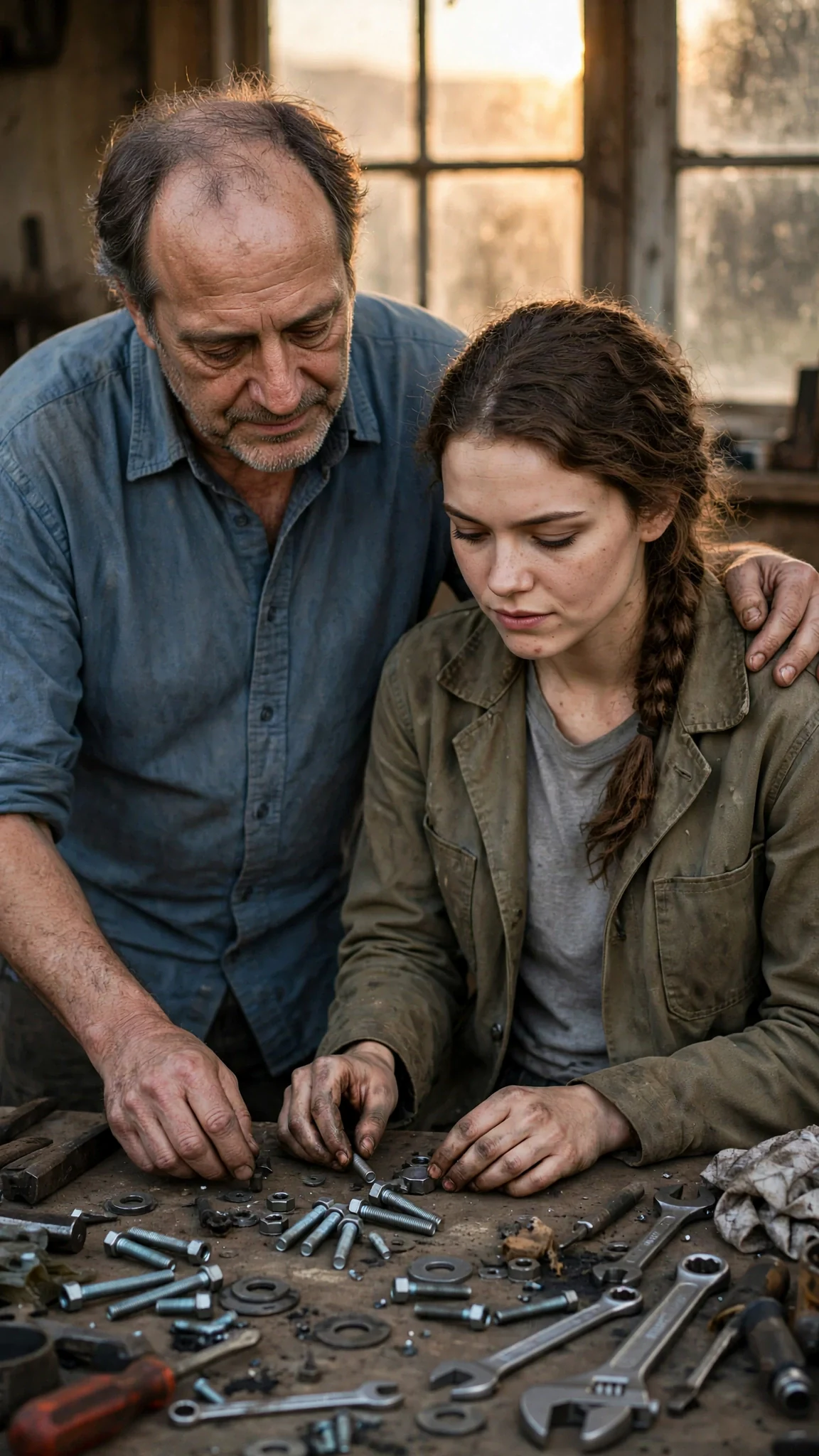 The older man stands beside Josie at the workbench, both looking at the scattered tools.