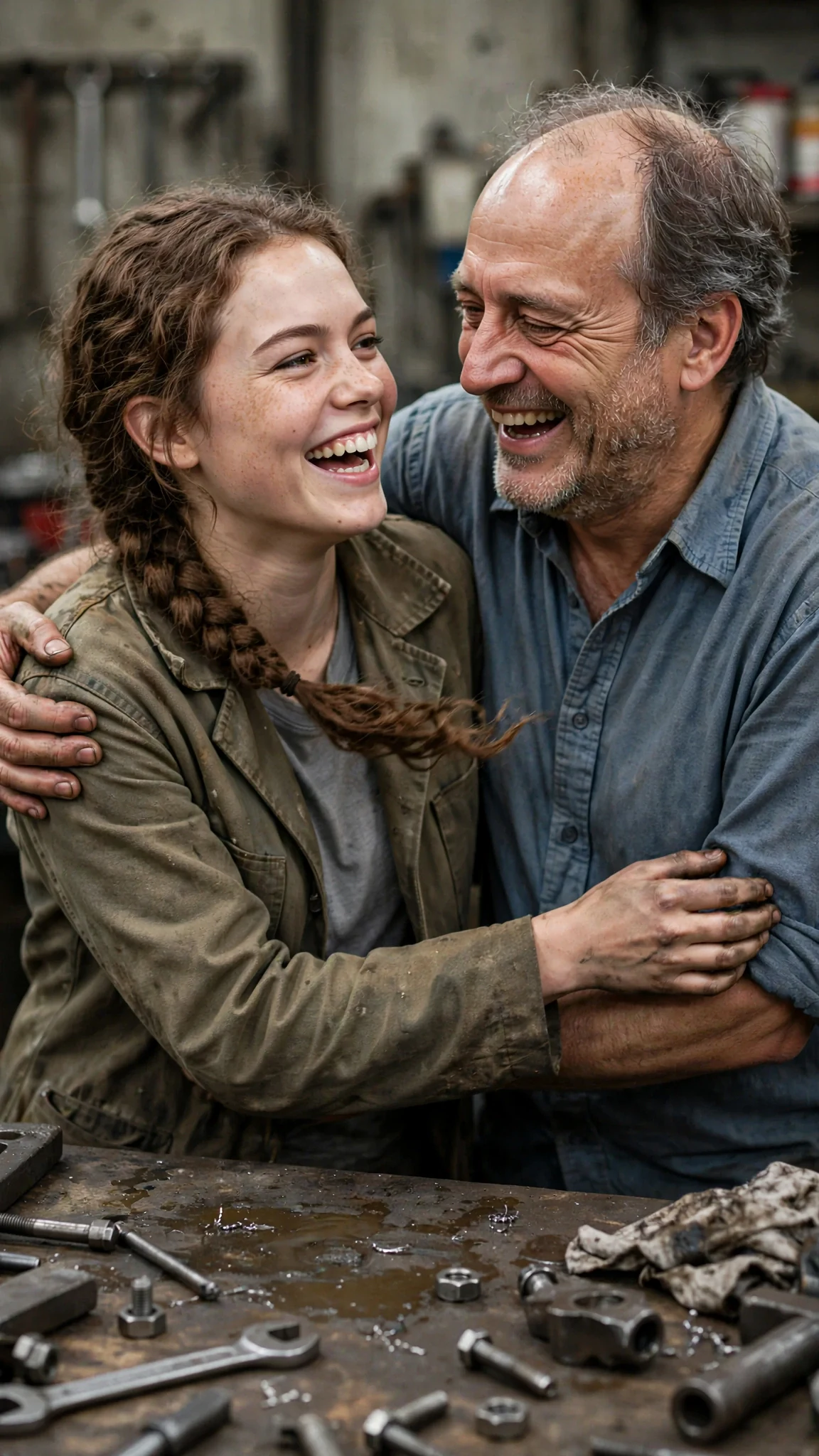 Josie elbows her father lightly, both of them grinning.