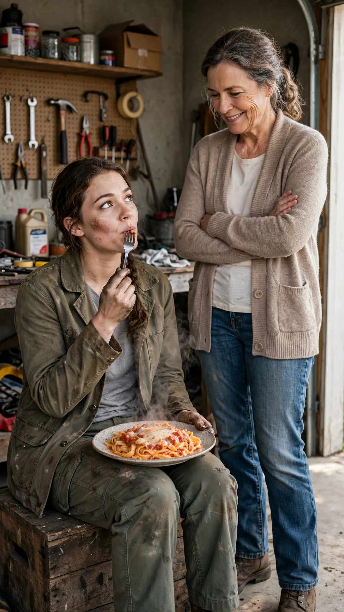 Josie sits on an upturned crate eating while her mother stands over her, arms folded.