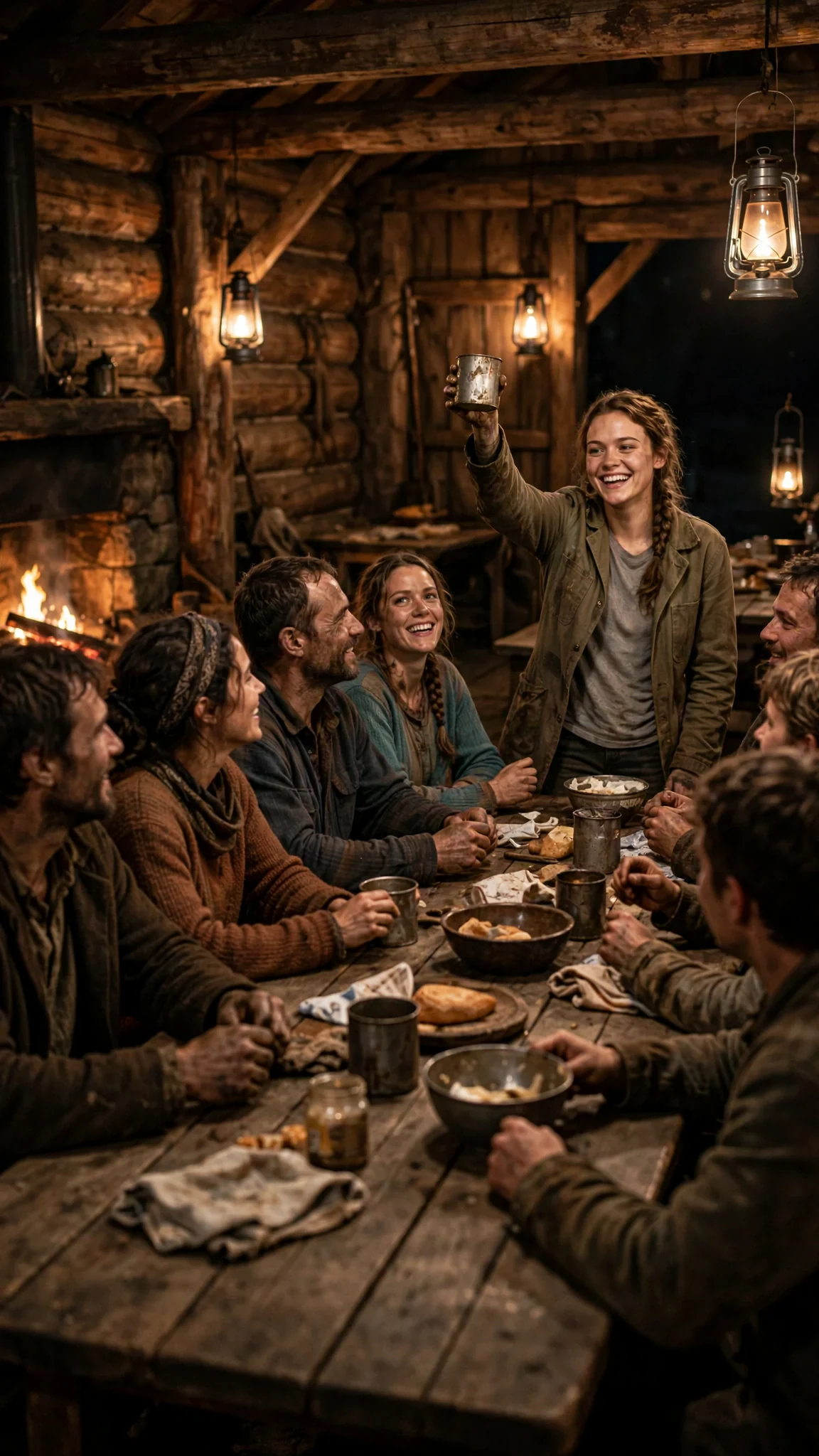 A long wooden hall at night, wolves gathered at a table, a small woman raising a cup.