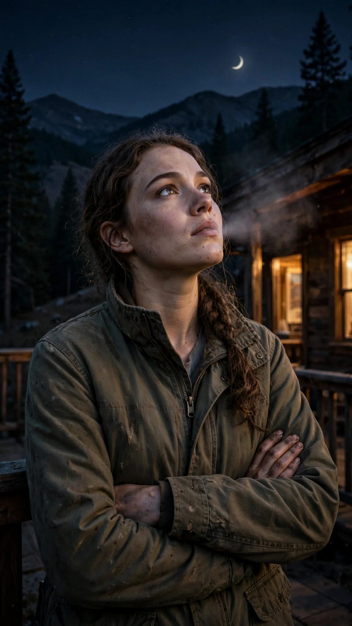 Josie stands alone outside the hall at night, breath fogging, looking at the mountain.