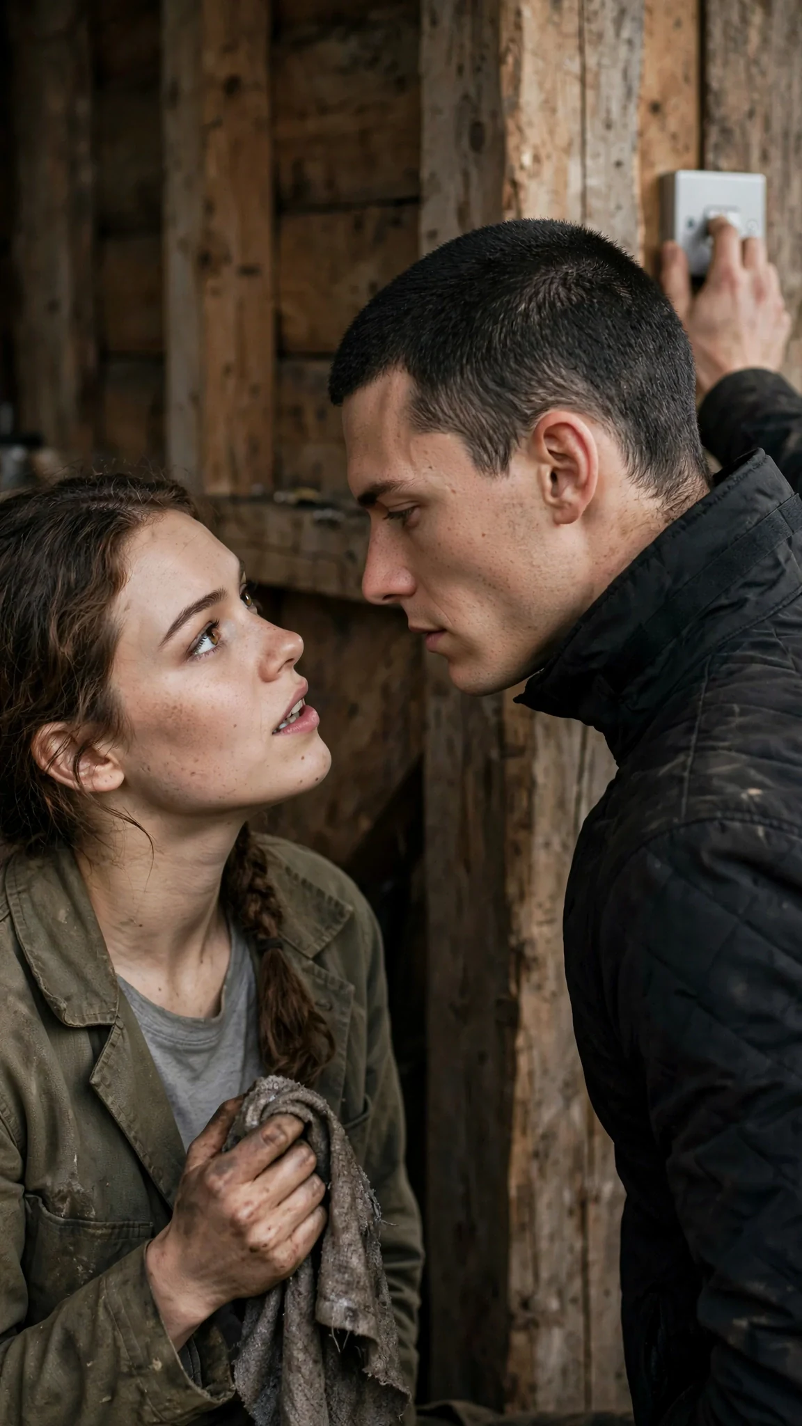 Close shot of the two of them at the workbench, his arm reaching past her, her face tilted up.