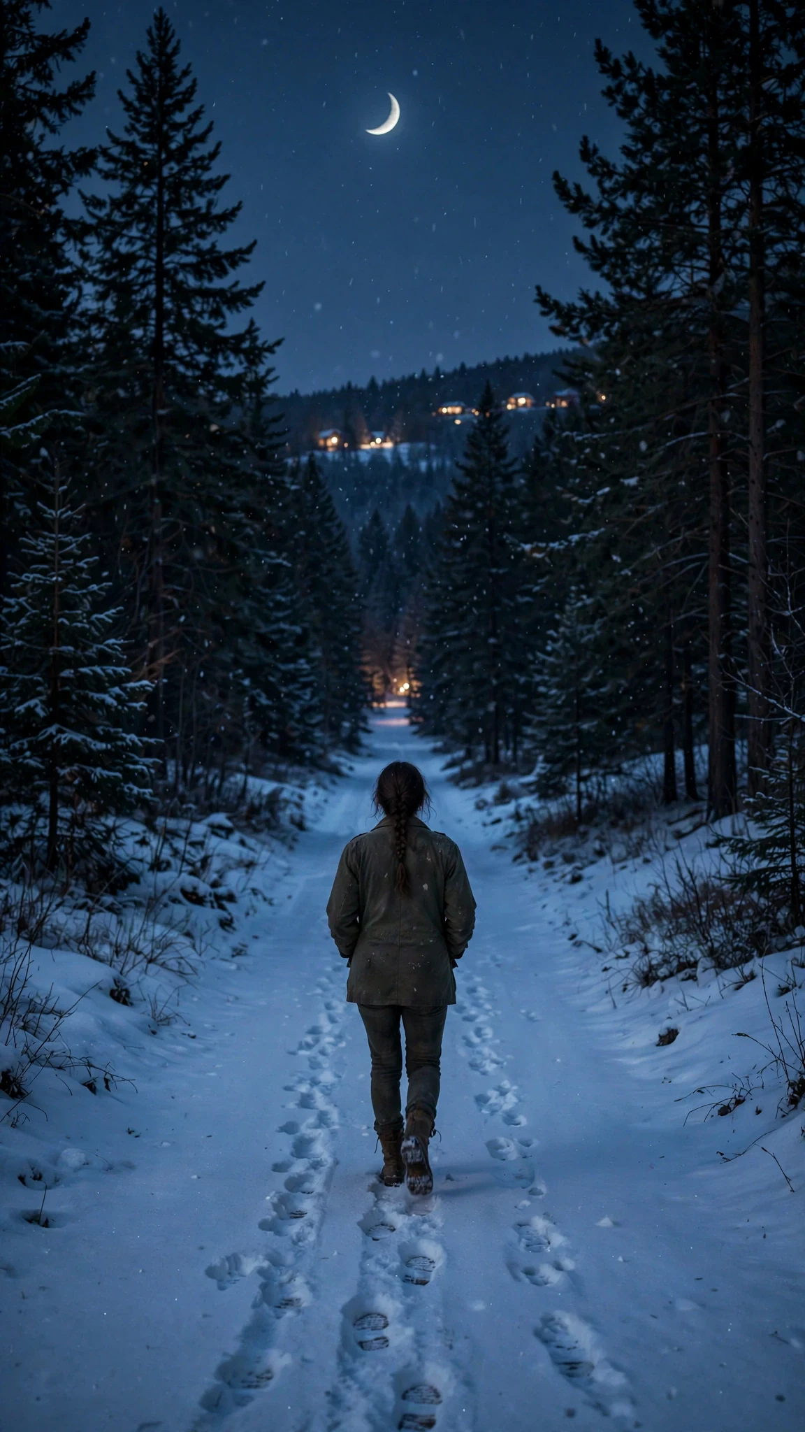 Josie walking home in the snow under a thin moon, small against the dark mountain.