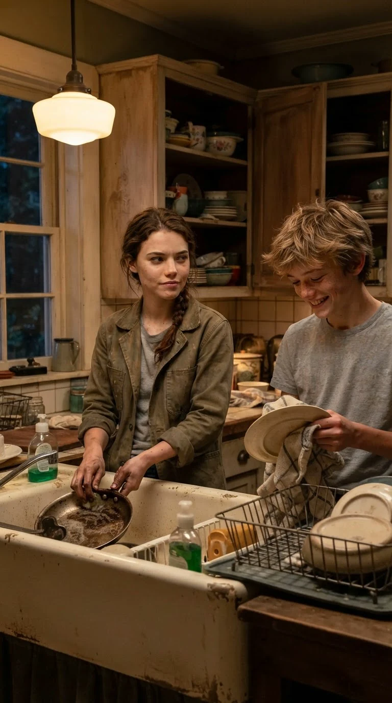 A young woman and her teenage brother wash dishes together in a warm lamplit kitchen.