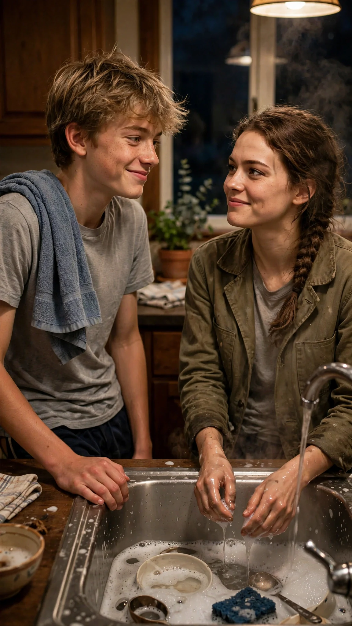 The brother smirks at his sister while holding a dish towel.