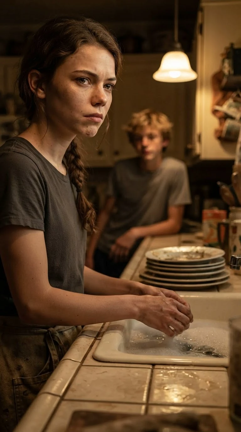 The young woman keeps her hands in the dishwater and stares down at a plate.