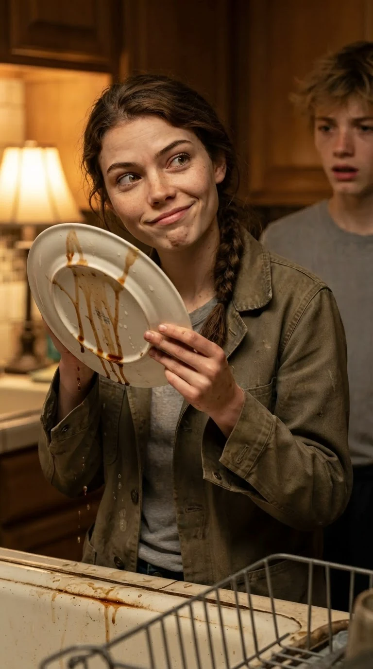 The young woman smirks sideways, one eyebrow up, a plate in her hands.