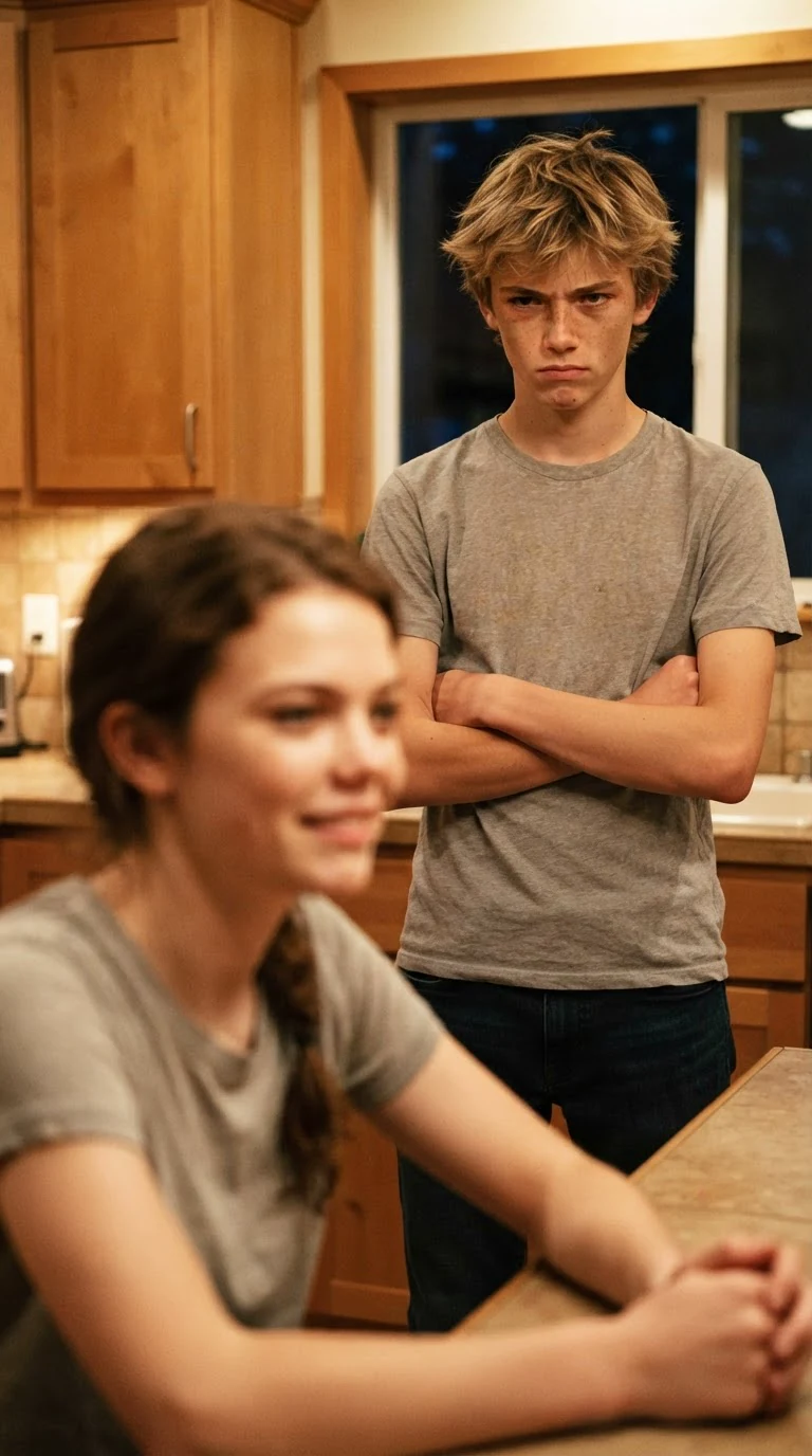 The teenage brother stands quietly with his jaw working, not laughing.
