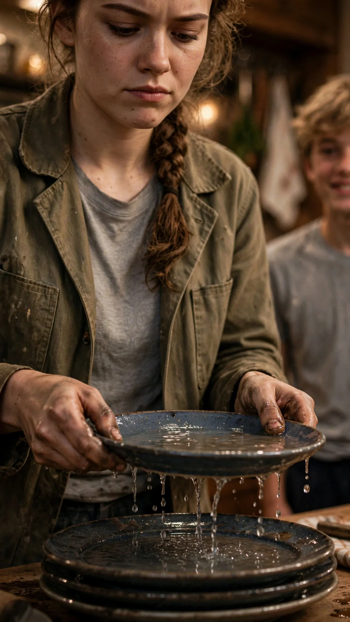 The young woman sets the plate down and her hand stays on the rim.