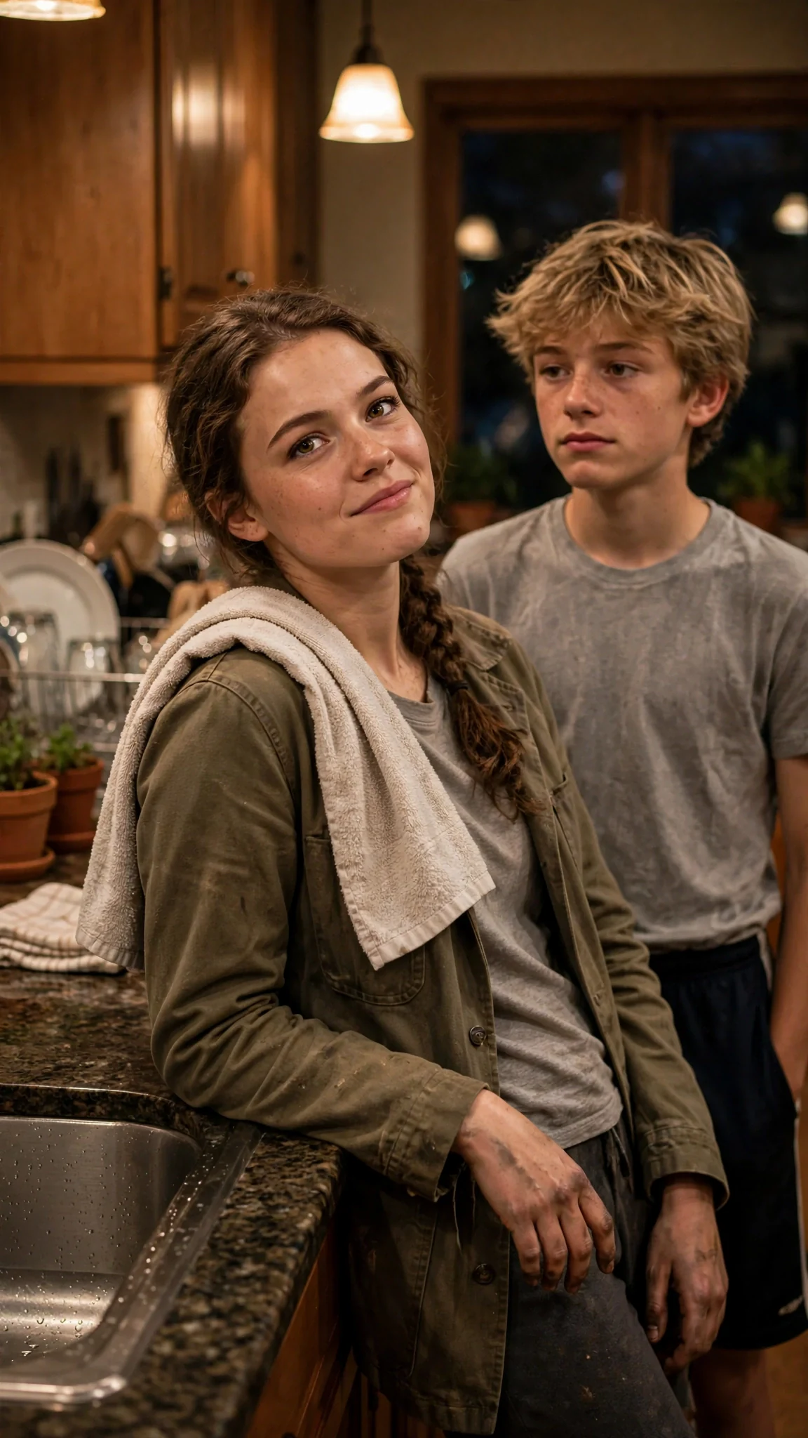 The young woman turns to her brother with a too-calm, easy expression.