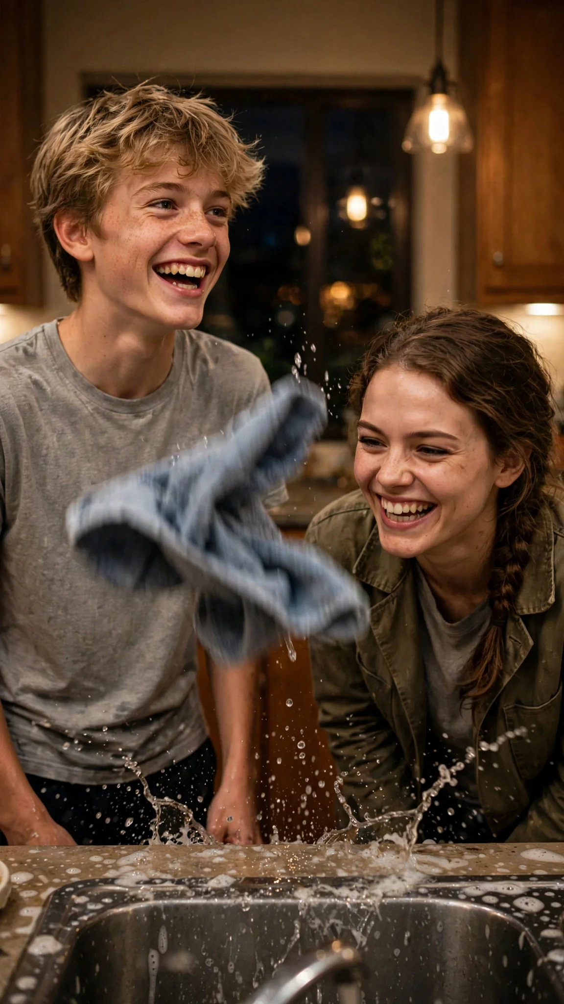 The sister and brother both laugh as a wet dish towel flies through the air.