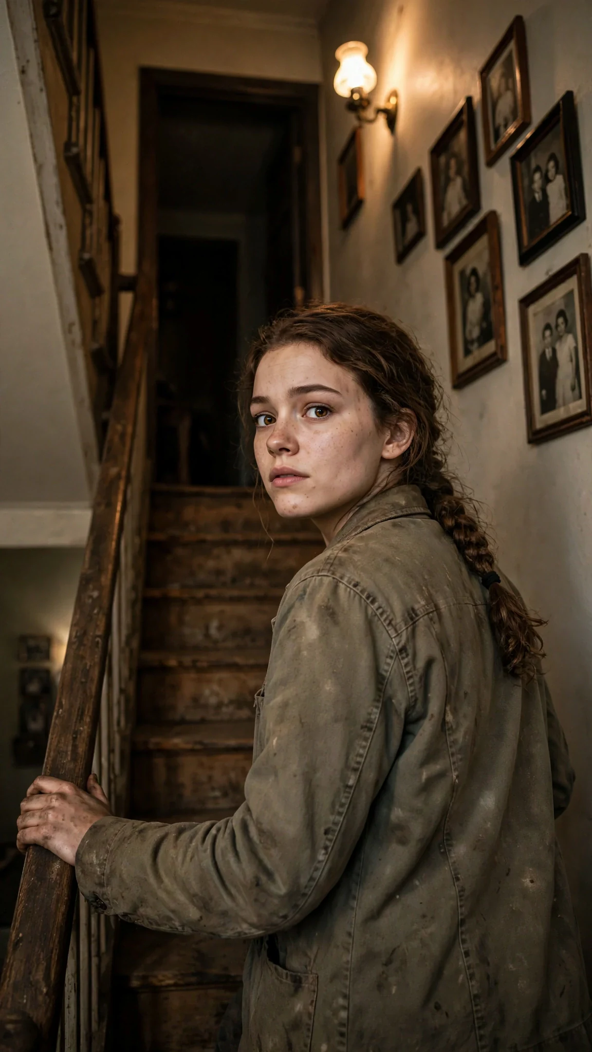 The young woman climbs a narrow wooden staircase in a dim house.