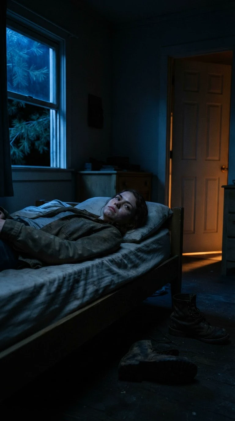 The young woman lies on her bed in the dark, still in her work clothes.