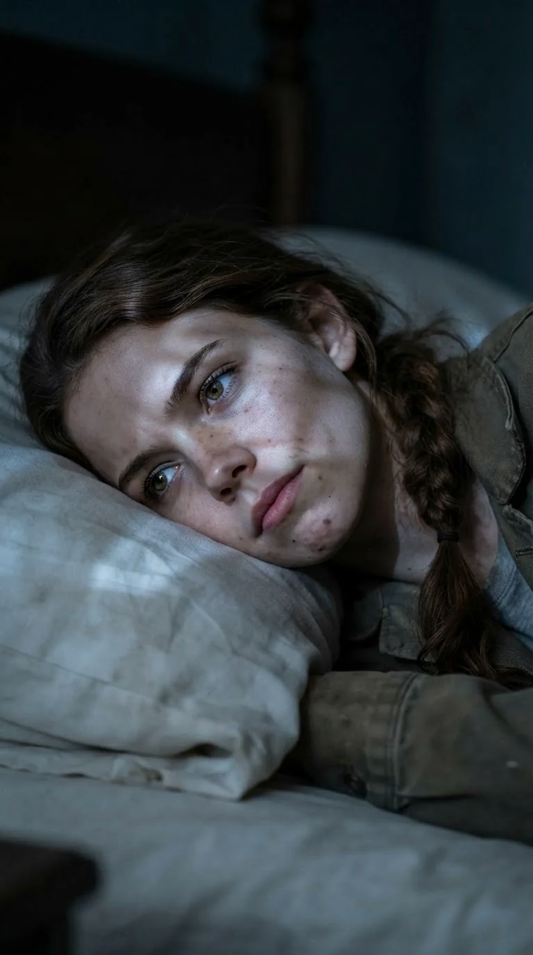 Close on the young woman's face on the pillow, eyes open, moonlight across it.